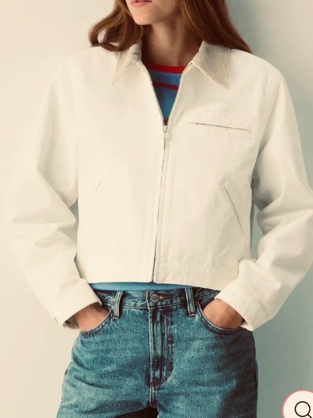 TNA Aritzia Off-White Cropped Zip Front Collared Wide Wale Corduroy Jacket, XS